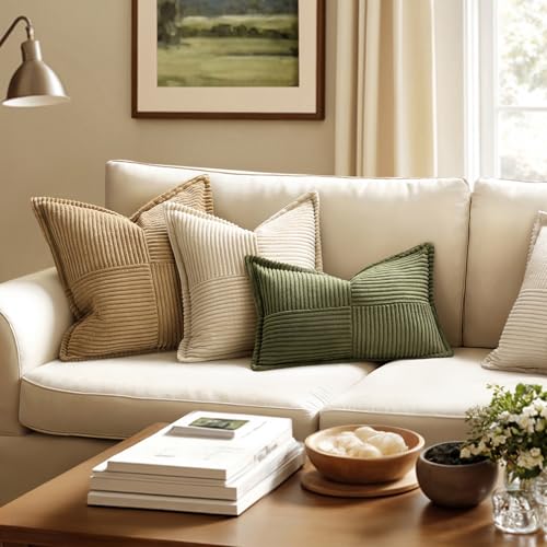 Image of MIULEE Olive Green Corduroy Lumbar Pillow Covers 12x20 Inch 12x20 Inch with Splicing Set of 2 Soft Boho Pillow Covers Broadside Decorative Textured Summer Pillowcases for Couch Bed Livingroom