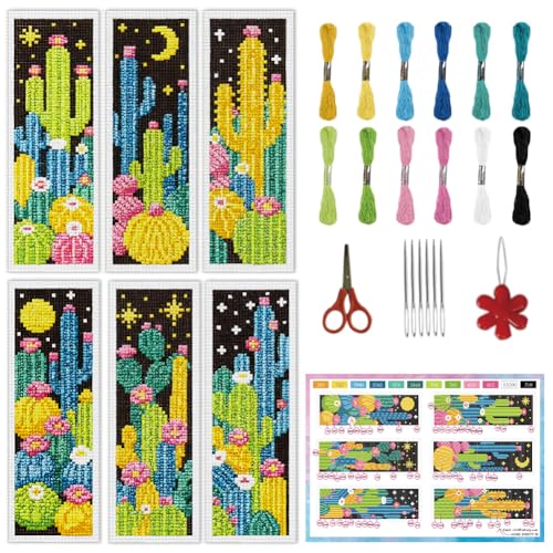 Image of INFUNLY 6pcs Dark Cactus Cross Stitch Bookmark Kit for Beginners DIY Cactus Grove Embroidery Bookmark Kits Night Plants Needlepoint Kit with Instruction Easy Cross Stitch Set for Book Lovers Readers