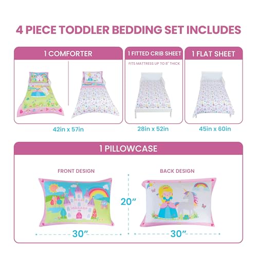 Image of Todays Kids Princess Toddler Bedding Set for Girls - 4-Piece Toddler Bed Comforter Sets for Girls, Reversible Comforter & Pillowcase, Flat Sheet, Fitted Sheet, Breathable & Super Soft Microfiber