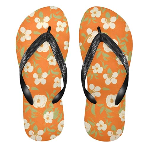 White Blossom Leaves Orange Flip Flops for Beach Thong Sandals Anti-slip Lightweight Beach Shoes for Summer Outdoor Travel