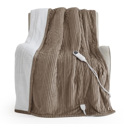 Image of Bedsure Ribbed Heated Blanket Throw XL, Brown Electric Blanket, Preheat