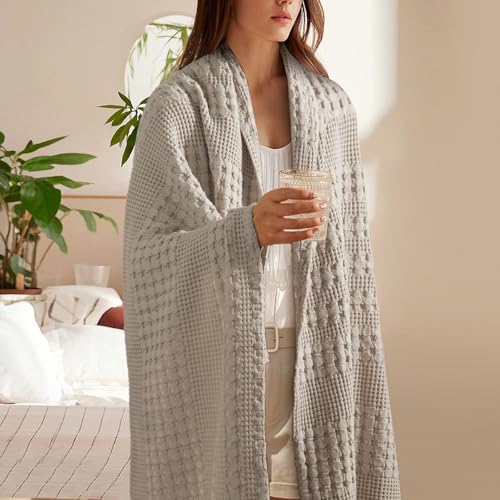 Image of PHF 100% Cotton Waffle Throw Blanket for Couch, Lightweight Breathable and Soft for Summer, Luxury Aesthetic Waffle Weave Blanket for Home Decor & Office, Gifts for Women, 50 inchx60 inch, Pearl Gray