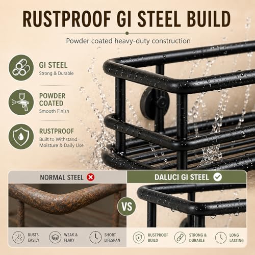 Image of DALUCI Bathroom Organiser Without Drill GI Steel Self Adhesive Bathroom Shelf Rack Stand for Wall Rustproof Shampoo Holder Bathroom Kitchen Shelf Bathroom Accessories Set (Black, 2 Pcs)