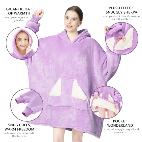 Touchat Wearable Blanket Hoodie, Oversized Sherpa Blanket Sweatshirt with Hood Pocket and Sleeves, Super Soft Warm Plush Hooded Blanket for Adult Women Men (Purple)
