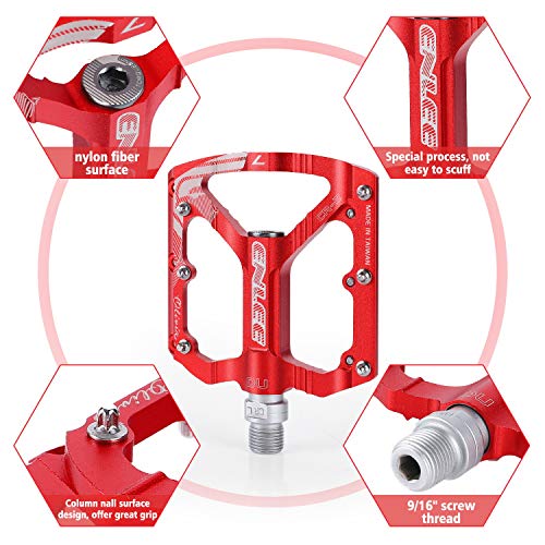 MatyKit S Shape Mountain Bike Pedals of Lightweight, Specialized 9/16" UD Bearings Ultra Strong Colorful CNC Machined Alloy Bicycle Non-Slip Pedal, Anodizing Sealed 3 Bearing Cycling Pedals (Red)