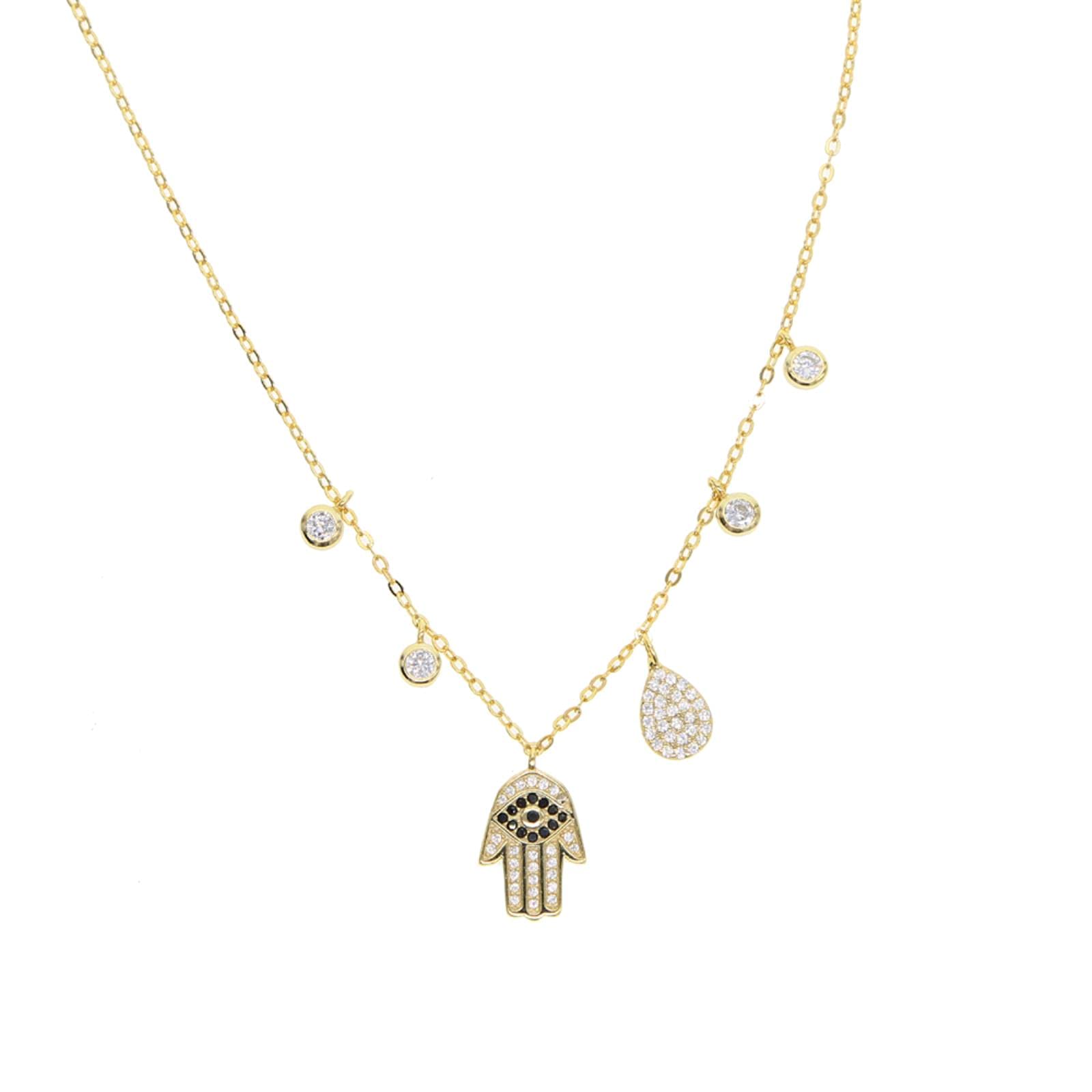 Collier Main de Fatima argent 925 pendentif œil turc khamsa goutte