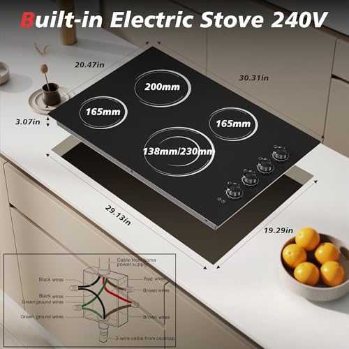 Image of 30 Inch Electric Cooktop 4 Burners with Knob Control,6700W Built-in Radiant Electric Cooktop, 9 Power Levels, Hot Warning, 220V Hard Wire(No Plug)