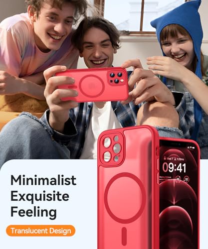 Image of CANSHN Magnetic Compatible with iPhone 12 Pro Case, Upgraded [Full Camera Protection] [Compatible with Magsafe] [Translucent Matte] Shockproof Protective Phone Cover 6.1 Inch - Red