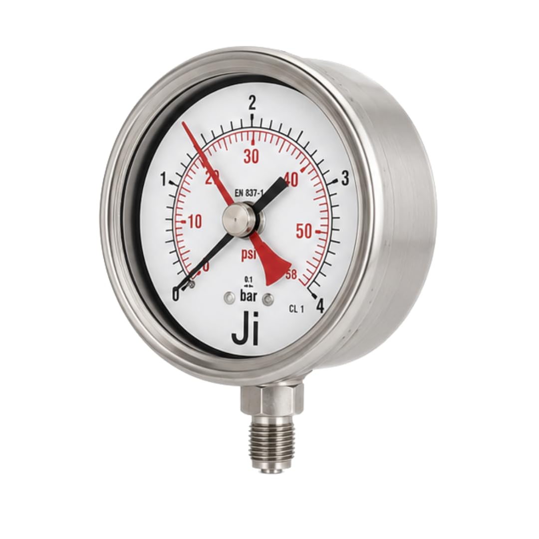 Industrial Pressure Gauge (MRP Pointer), 4" (100 mm) Dial, Range 0 to 4 Bar with Dual Scale of 58 PSI, Direct Mounting Bottom Entry, 1/4" BSP (M) Connection, SS Case & SS Wetted Parts-image-3