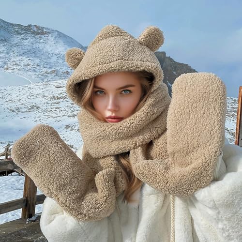 Women Cute Bear Hooded Hat Scarf Gloves Set 3-in-1 Earflap Animal Hat Plush Warm Hooded Scarf with Mittens3