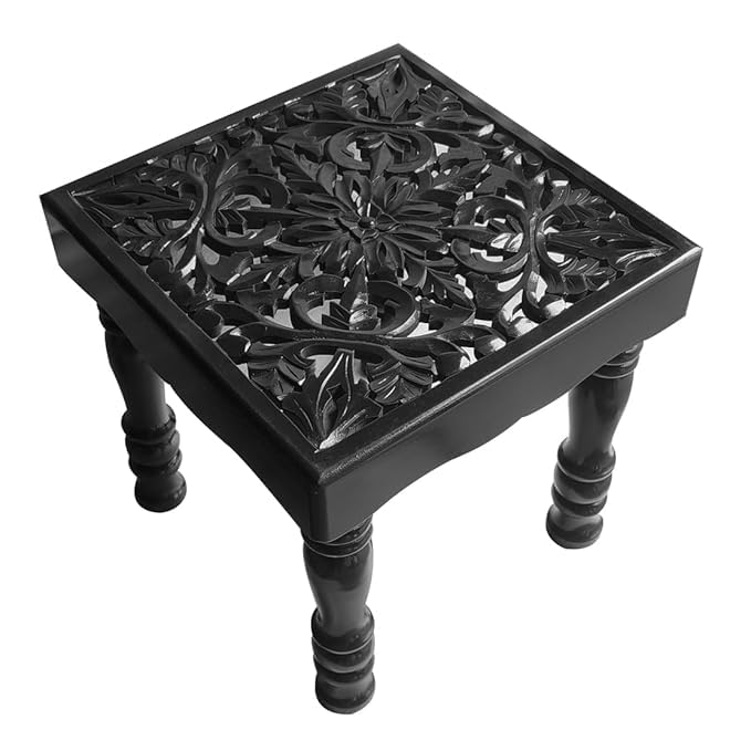 Image of Brown Arts Shoppee Center Small Carved Coffee Table Fold-able Square Shaped Side Table for Tea Coffee Breakfast Side Table (Black)