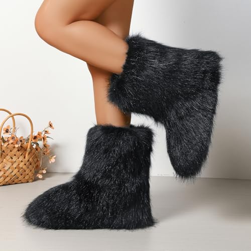 Women's Faux Fur Boots Size 9 - Mid-Calf Winter Snow Boots with Fluffy Lining, Y2K Fashion Warm Shoes for Women3