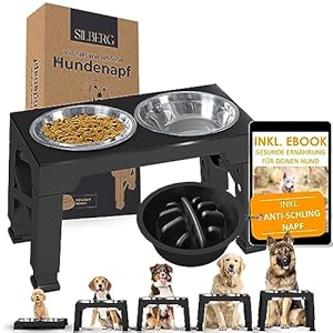 Silberg® Dog Bowl Height-Adjustable 5 Levels 8-31 cm Large Includes Anti-Slinging Bowl with 2 x 1200 ml Dog Bowl and eBook, Non-Slip Feeding Bowl Raised for Small, Medium and Large Dogs and Pets