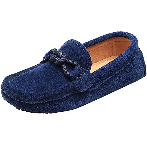 Shenn Children's Boy's Slip On School-Uniform Knot Suede Leather Loafers Shoes/Flats 8221K(Navy Blue,1 M US Little Kid)
