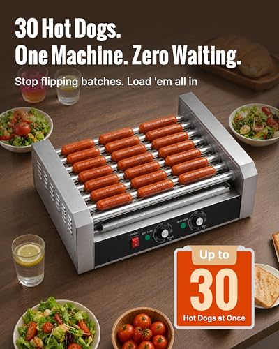 Image of SYBO Hot Dog Roller, 30 Hot Dogs 11 Rollers Grill Cooker Machine with Removable Stainless Steel Drip Tray, 1430-Watts, Ideal for Commercial And Party Use