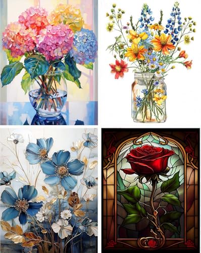 Image of 4 Pack Flower Cross Stitch Kits for Adults Beginner,Counted Cross Stitch Kits Printed Stitching Cute Patterns Dimensions Needlepoint Art Crafts Embroidery Kits for Adults Beginners (15.7x11.8 inch)