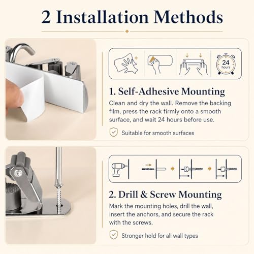 Image of voze 5 Racks and 4 Hooks Mop and Broom Holder Wall Mount, Self Adhesive Heavy Duty Broom Hanger Organizer Storage Tool Racks for Kitchen Garden Laundry Garage (Pack of 2)