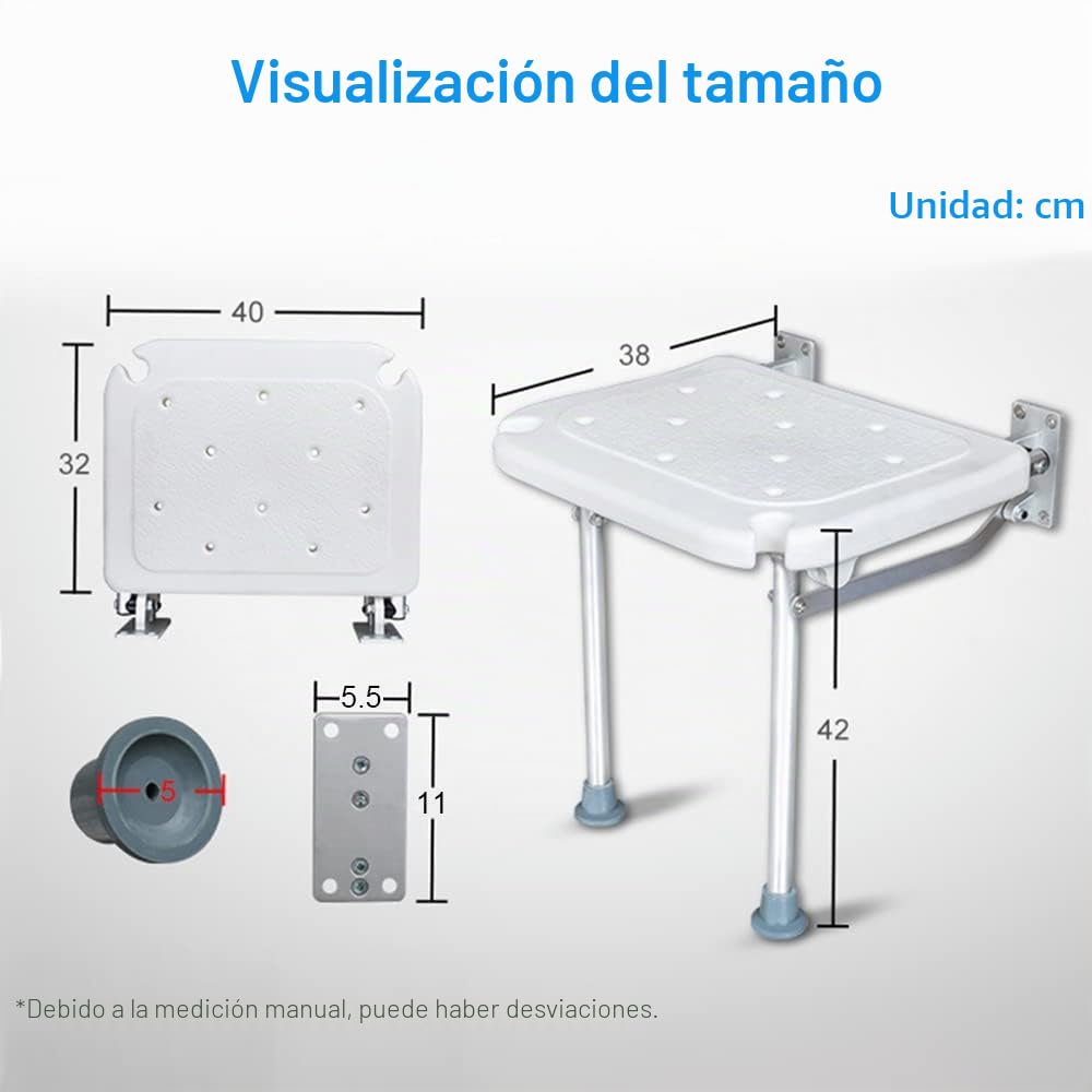 Silla de Ducha Plegable, KKnoon Taburete Baño Ducha con Pies Antideslizantes Orificios de Drenaje Ranura para Cabezal de Ducha para Personas Mayores Discapacitadas