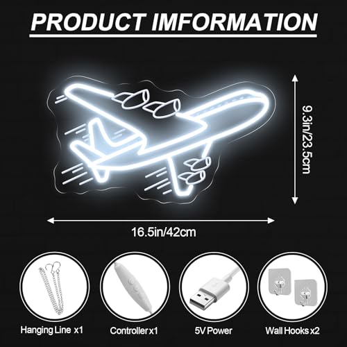 Image of Airplane Neon Sign, Airplane Wall Decor, Air plane Wall Art, Aviation Light Sign, Gift for Kid, Air Plane Wall Decor for Home Bar, 16.5 inchx9.3 inch, White
