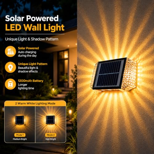 Image of XERGY 2W Solar Powered Outdoor LED Wall Light | Auto ON /Off Dusk to Dawn | 2 Warm White Lighting Mode | Unique Shadow Pattern | 1200mAh Battery | Waterproof for Garden, Gate, Balcony & Exterior Decor