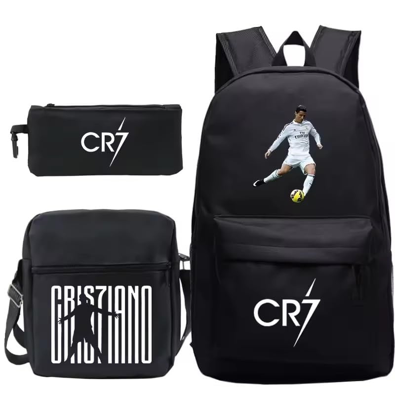 CR7 Mochila Escolar Leve para Adolescentes e Homens, 3 Peças, Bolso Interior, Compartimento para Computador, Estilo Simples (Preto 1)