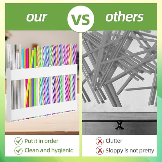 Acrylic straw holder with double-sided tape,cabinet straw organizer,Straws dispenser,suitable for cabinets and kitchen countertops (white)