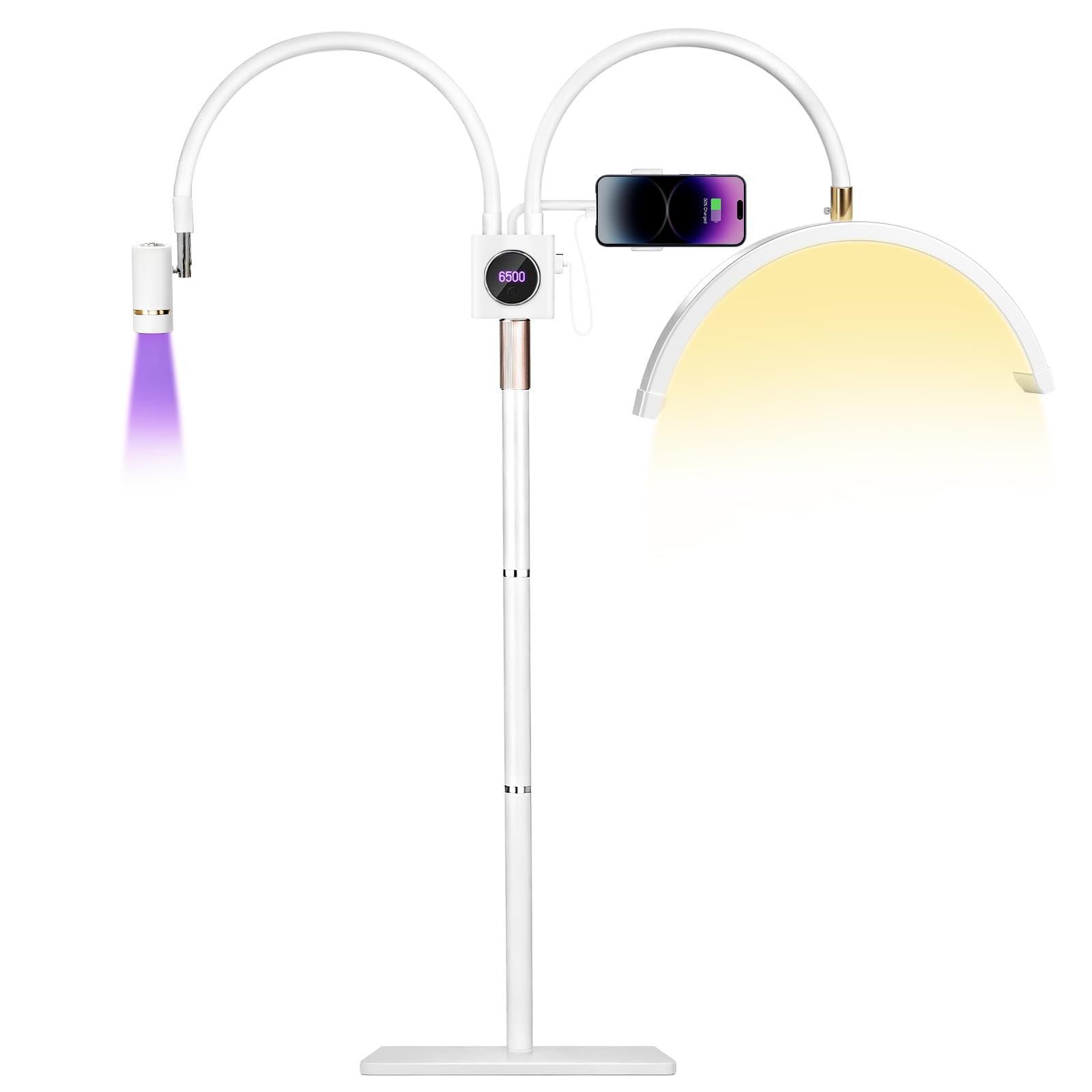 BeeMingle Half Moon Lash Light for Lash Tech, 3-in-1 Professional Esthetician Light with UV Lash Lamp & Phone Holder, Adjustable Height&Brightness for Tattoo,Nail Art,Skincare,Salon,Spa(White)