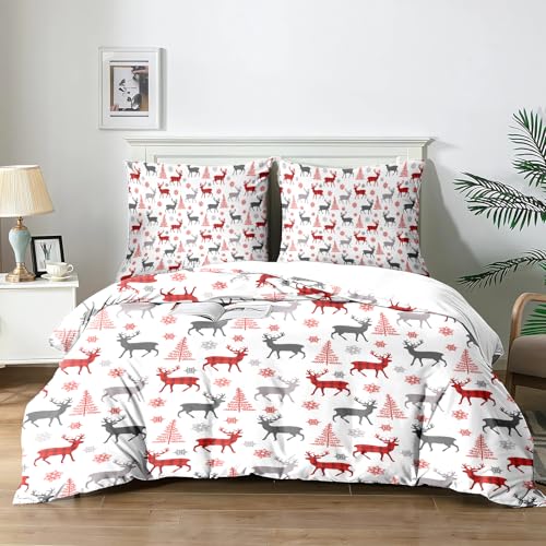 Yzehomijia Weihnachten Bettwäsche Set 140x200 cm, Weihnachtsbaum und Rentier Motiv Bettbezug mit(65×65cm)×2Kissenbezügen, Weihnachtstag Thema Festliche Bettwäsche für Erwachsene und Kinde（R7×140）