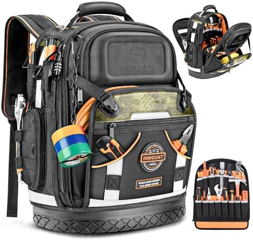 LOKASS Tool Backpack Bag, HVAC Heavy Duty Construction Tools Backpack for Men, 1680D Professional Level Durable Tool Organizer, with Molded Base & Combination Lock, for Electricians & Home Repair