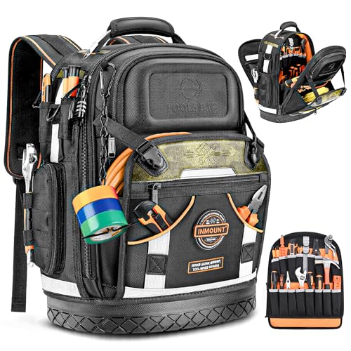 LOKASS Tool Backpack Bag, HVAC Heavy Duty Construction Tools Backpack for Men, 1680D Professional Level Durable Tool Organizer, with Molded Base & Combination Lock, for Electricians & Home Repair