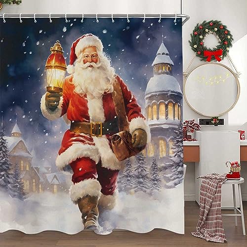 Tenda da doccia natalizia con Babbo Natale, tenda da doccia invernale in tessuto con Babbo Natale per il bagno, tenda da doccia natalizia con fiocchi di neve e fiocchi di neve, con 12 ganci, 12 x 162