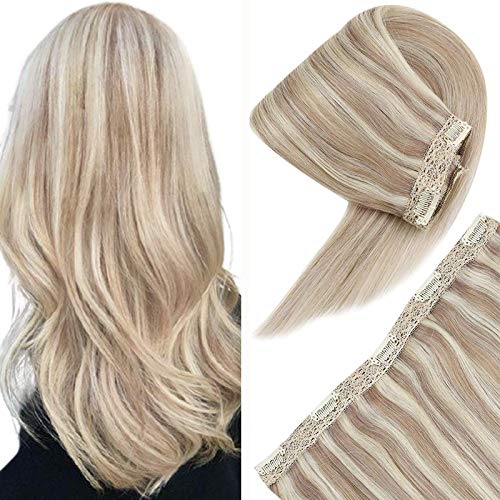 Sunny Ash Blonde Highlights Hair Extensions Clip in 16inch One Piece 70g Clip in Human Hair Extensions Ash Blonde Mix Blonde Clip in Extensions 3/4 Full Head