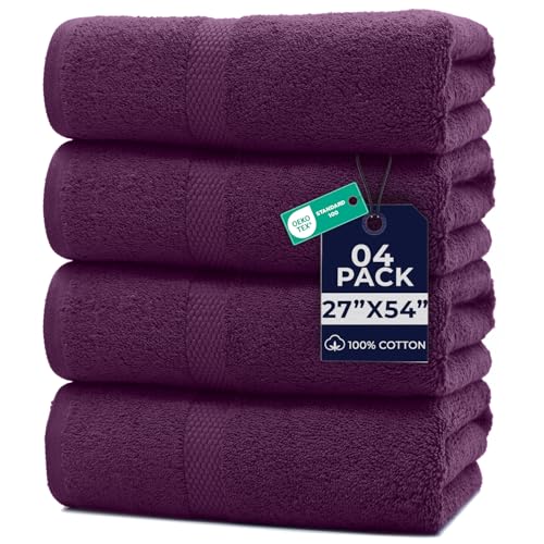 Image of DAN RIVER Bath Towels Set of 4, 27 x 54 Inches, 100% Cotton, Larger & Lighter Weight, Quicker to Dry, Super Soft and Absorbent, Ideal Quick Dry Bath Towel for Daily Use, Purple