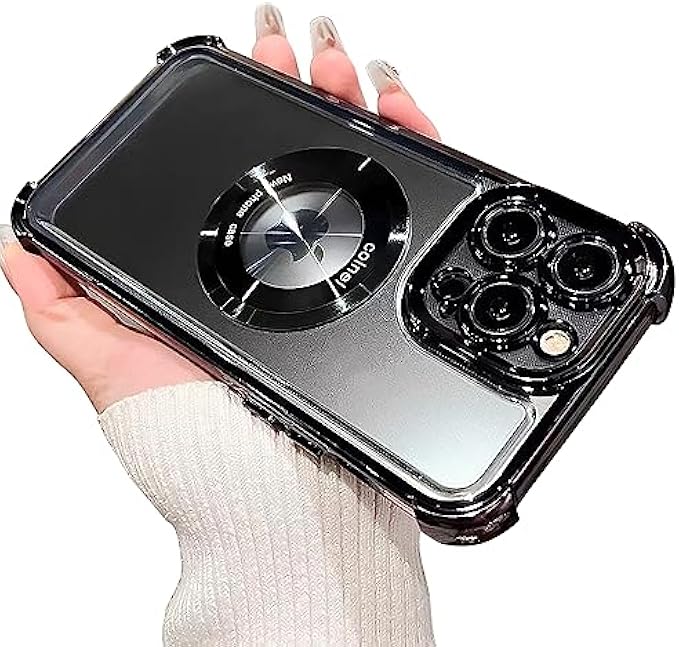 for iPhone 14 Pro Max Magnetic Transparent Case,Luxury Bling Four Corners Shockproof Military-Grade Protection with Camera Lens Protector MagSafe Clear Plating Cover for Women Men-Black