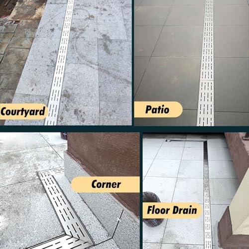 Slim Channel Drain Kit - 1m Long Stainless Steel Low Profile Drainage System for Outdoor Patios, Balconies, Backyards, Pool Areas, Waterproof Solutions