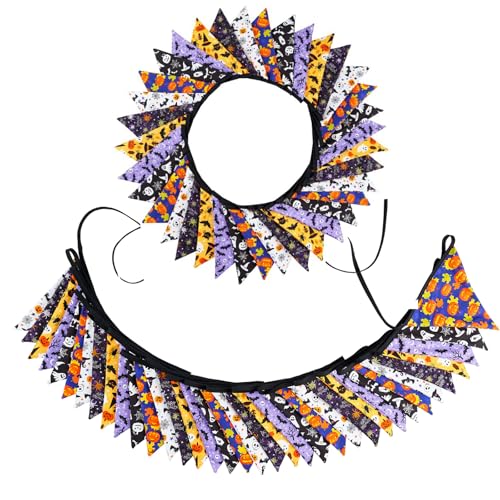 Image of Zwiebeco 32Ft Black Orange Purple Halloween Pennant Banner Triangle Flags Fabric Bunting Garland Cotton Flag for Halloween Birthday Wedding Party Home Garden Outdoor Decorations