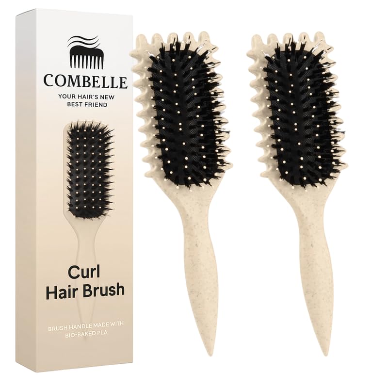 Image of Combelle 5-in-1 Curl Hair Brush | Vegan Boar Bristles | Bio-Based PLA Handle | Detangling, Defining & Frizz Control for Curly & Wavy Hair | For Men & Women - Beige (Pack of 2)