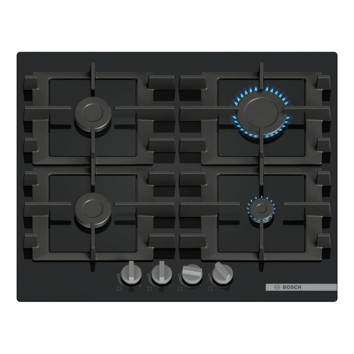 Bosch PNP6B6K40 Serie 4 Gasherd, 60 cm, gehärtetes Glas, Schwarz | Gaskochfeld mit präziser Flammenkontrolle, spülmaschinenfeste Gusseisen-Grillroste Made in Europe