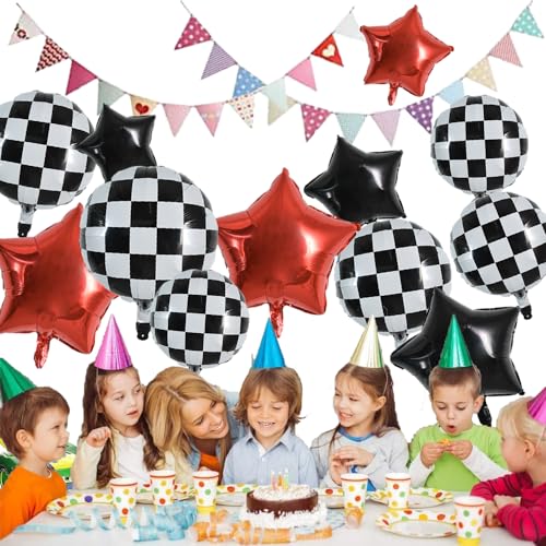 Image of TONIFUL 18Pcs Checkered Round Foil Balloons Race Car Themed Party Decor