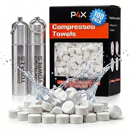 Compressed Towel Tablets - 100% Bamboo Camping Toilet Paper Tablets Great for Hiking Travel & Backpacking - Disposable Washcloths Body Wipes Paper Towel Coin Tissue - 100 Pack with Metal Cases