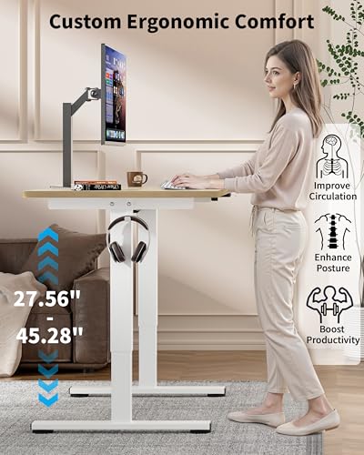 Image of Okin Electric Standing Desk, 40 x 24 Inches Whole Piece Height Adjustable Desk, Oak Sit to Stand Desks Computer Workstation with Wheels for Home Office