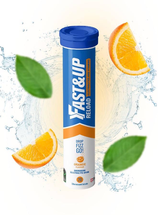 Image of Fast&Up Reload (5 Litres) Low Sugar energy drink for Instant Hydration - 20 Effervescent Tablets with all 5 Essential Electrolytes + Added Vitamins - Certified Electrolytes Drink - Orange flavour