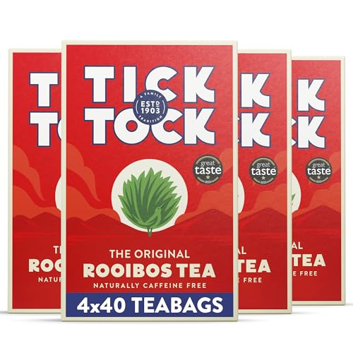 Tick Tock Rooibos Teabags Caffeine-Free Tea Pack of 4 x 40 Tea Bags (160 Teabags) Naturally Sweet Herbal Tea Biodegradable Rooibos UK Redbush Tea Bags- 4 Pack