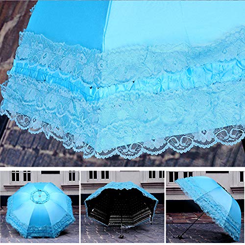 Princess Lace Vintage Lace UV Sun Parasol Folding 3D Flower Embroidery Umbrella 3 Folding Blue Rainy days, snowy days, sunny days are available