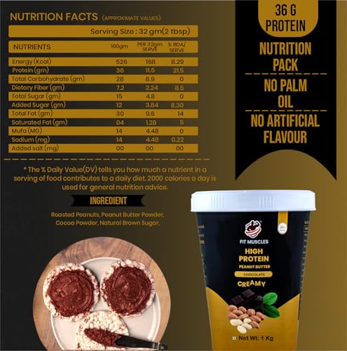 Image of Fit Muscles High Protein Chocolate Creamy Peanut Butter 1kg, 36g Protein, Smooth Peanut Spread, Rich Chocolate Flavour, No Palm Oil, No Artificial Flavour, Healthy Breakfast & Gym Diet Food