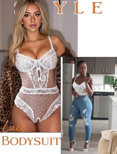Image of Avidlove Women Sexy Lingerie Sheer Lace Bodysuit V Neck Teddy Lingerie One Piece Mini Babydoll