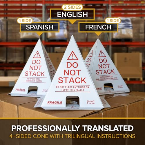 60-Pack Do Not Stack Pallet Cones for Shipping Pallets | Trilingual, Water-Resistant & Glare-Resistant Cardboard | 10x8x8 in. Cone | Warehouse, Product, Box & Carton Protection | Industrial Use by Merhoff & Larkin - Image 2