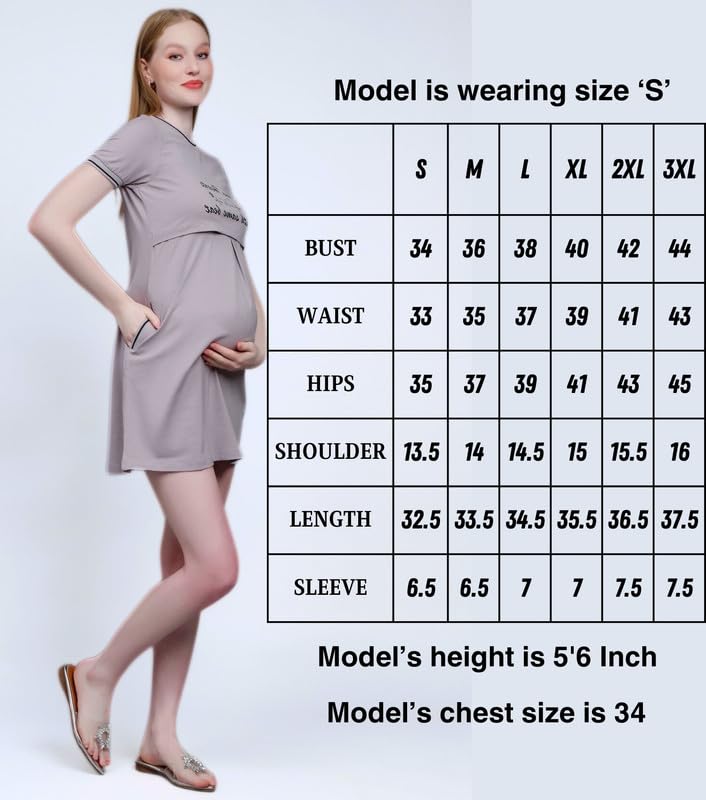 True Shape Feeding Kurtis for Women Cotton | Knitted Hosiery Zipless Maternity Nighty Kurta with Breastfeeding Access & Side Pockets for Pre & Post Pregnancy(TSH-011-XL, Light Grey) 4