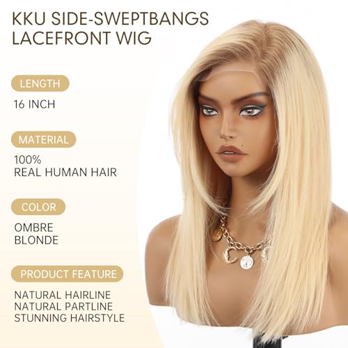 Image of KKU 100% Human Hair Wigs for Women,Real Human Hair Wigs,Side Swept Bangs Lace Front Wig(16 Inch,Ombre Blonde)