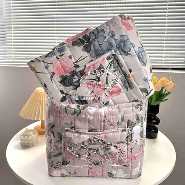 Quilted Storage Basket,Large Capacity Fabric Storage Baskets,Floral Laundry Baskets,Large Capacity Folding Puffer Tote with Front Pocket and Handle for Clothes and Sundries (V)